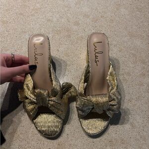 Lulu's Metallic Gold Bow Mules